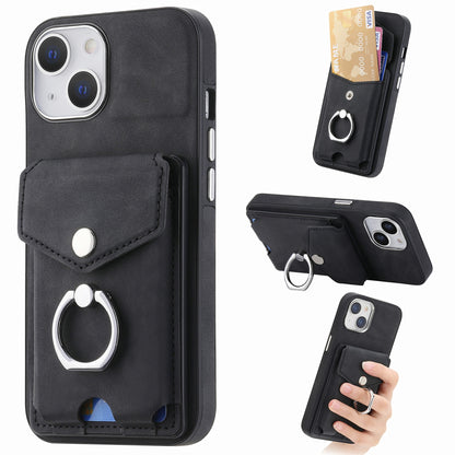 ELECTROPRIME For  iPhone 15 Electroplating Skin-feel Leather Ring Card Wallet Phone Case(Black)