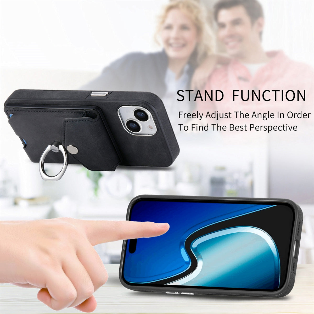 ELECTROPRIME For  iPhone 15 Electroplating Skin-feel Leather Ring Card Wallet Phone Case(Black)