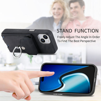 ELECTROPRIME For  iPhone 15 Electroplating Skin-feel Leather Ring Card Wallet Phone Case(Black)