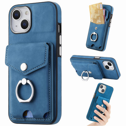 ELECTROPRIME For  iPhone 15 Electroplating Skin-feel Leather Ring Card Wallet Phone Case(Blue)