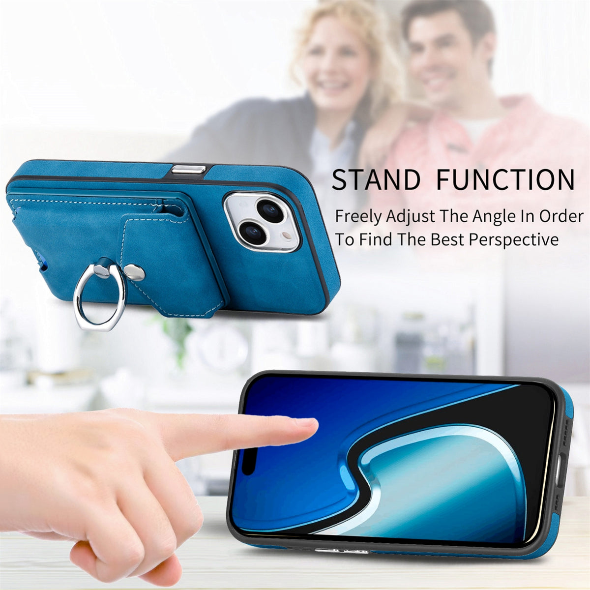 ELECTROPRIME For  iPhone 15 Electroplating Skin-feel Leather Ring Card Wallet Phone Case(Blue)