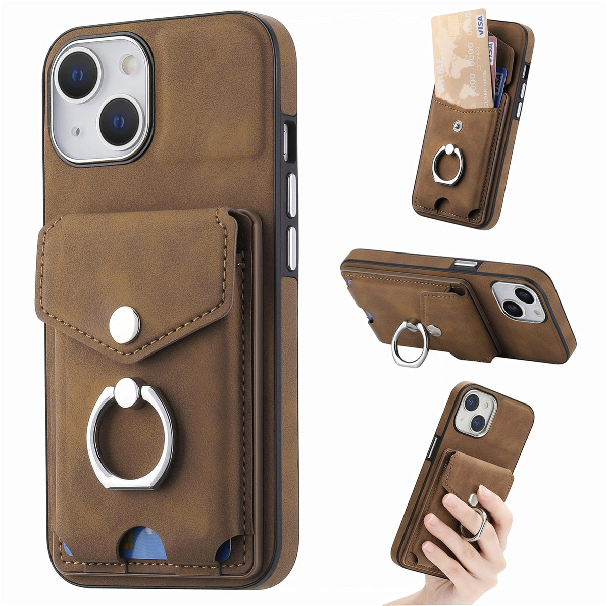 ELECTROPRIME For  iPhone 15 Electroplating Skin-feel Leather Ring Card Wallet Phone Case(Brown)