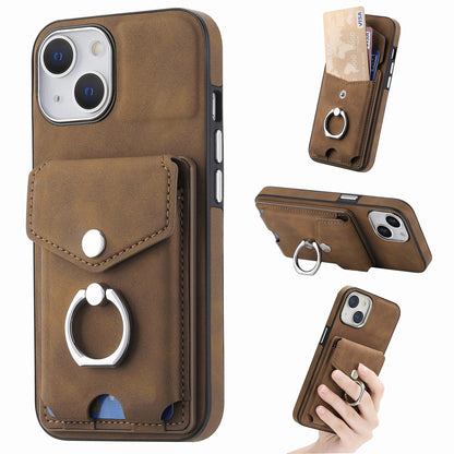 ELECTROPRIME For  iPhone 15 Electroplating Skin-feel Leather Ring Card Wallet Phone Case(Brown)