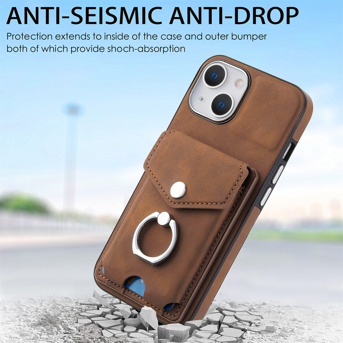 ELECTROPRIME For  iPhone 15 Electroplating Skin-feel Leather Ring Card Wallet Phone Case(Brown)