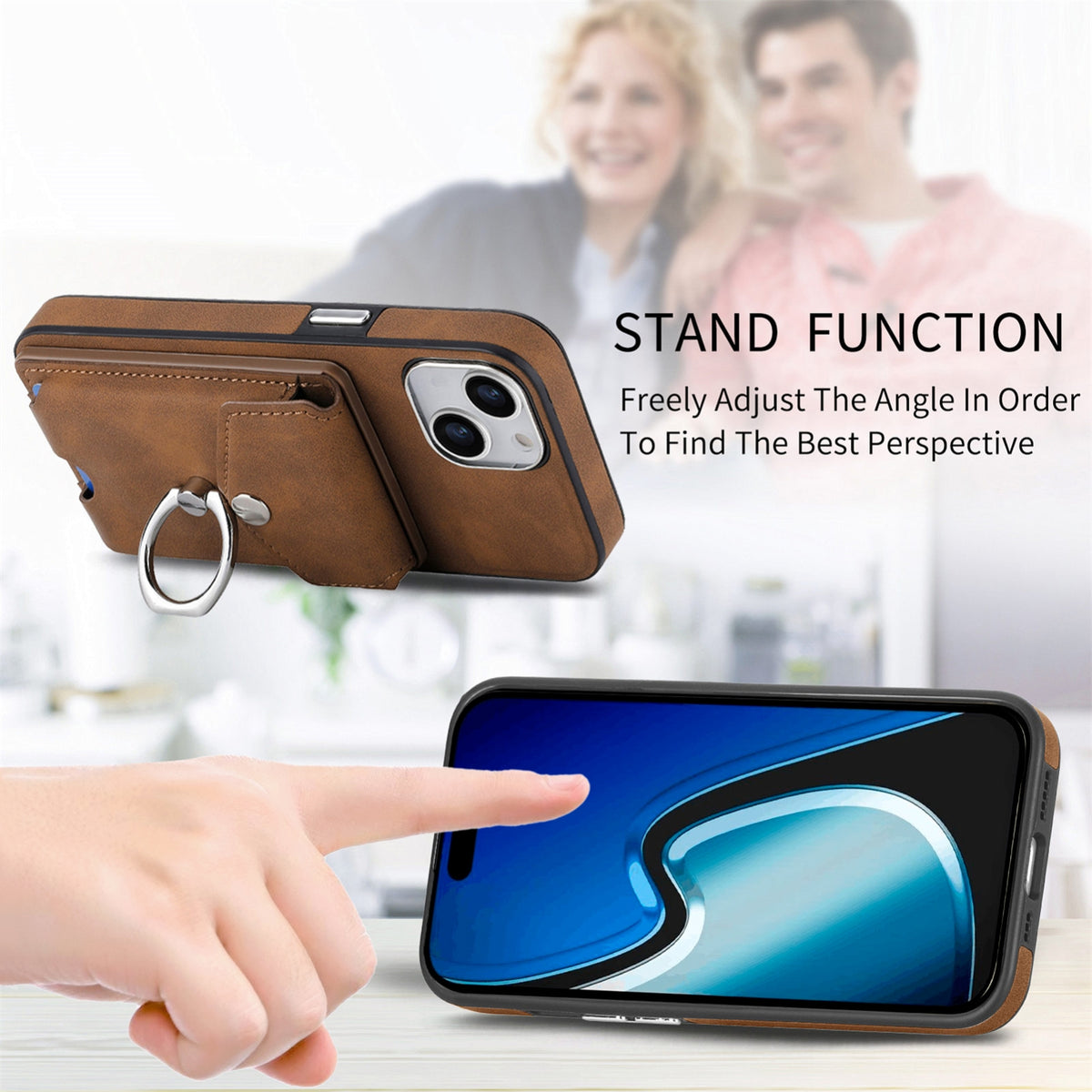 ELECTROPRIME For  iPhone 15 Electroplating Skin-feel Leather Ring Card Wallet Phone Case(Brown)