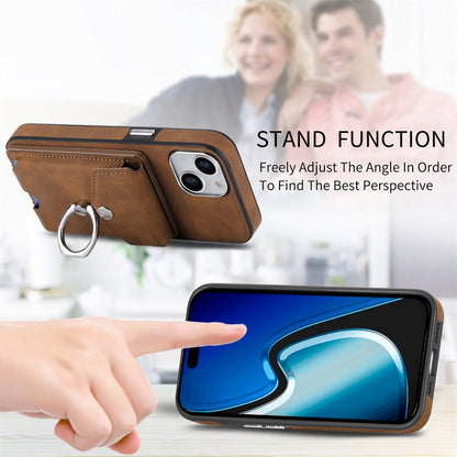 ELECTROPRIME For  iPhone 15 Electroplating Skin-feel Leather Ring Card Wallet Phone Case(Brown)