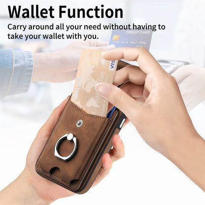 ELECTROPRIME For  iPhone 15 Electroplating Skin-feel Leather Ring Card Wallet Phone Case(Brown)