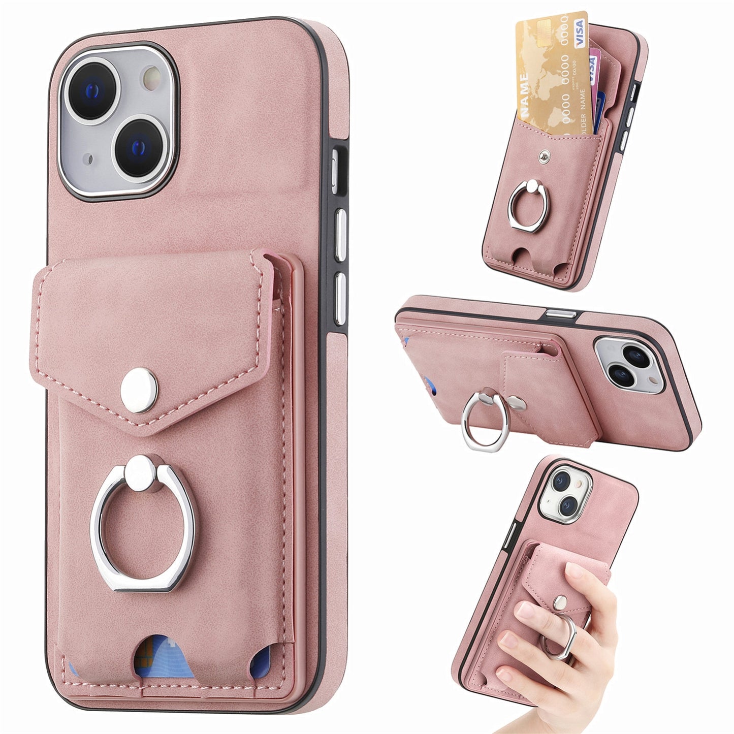 ELECTROPRIME For  iPhone 15 Electroplating Skin-feel Leather Ring Card Wallet Phone Case(Pink)