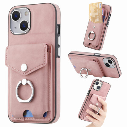 ELECTROPRIME For  iPhone 15 Electroplating Skin-feel Leather Ring Card Wallet Phone Case(Pink)