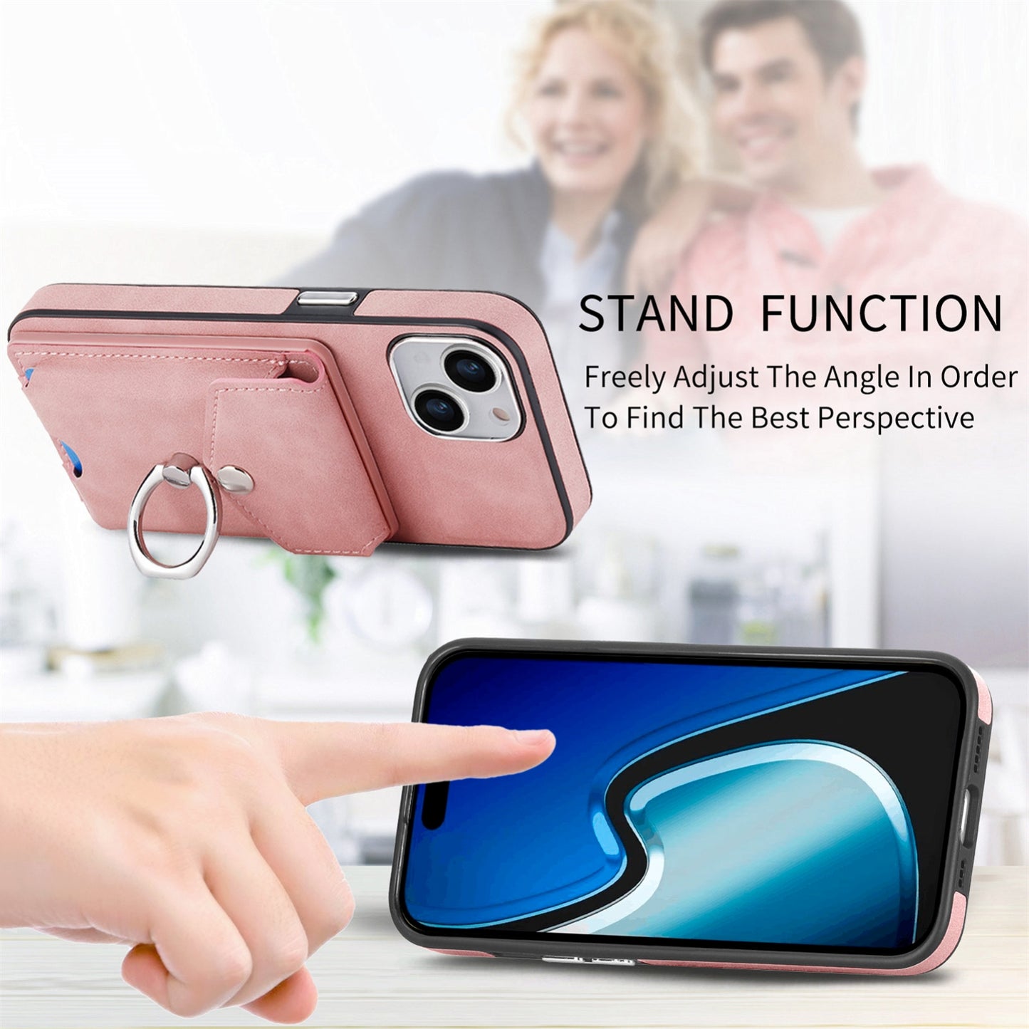 ELECTROPRIME For  iPhone 15 Electroplating Skin-feel Leather Ring Card Wallet Phone Case(Pink)