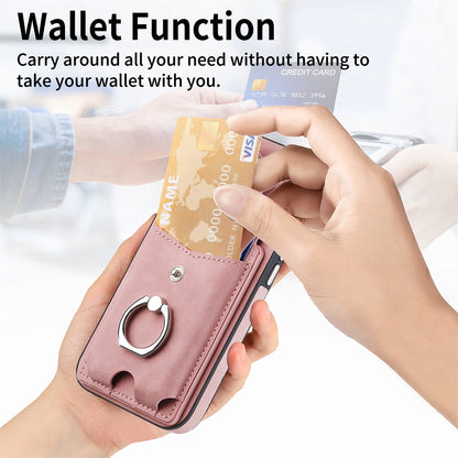 ELECTROPRIME For  iPhone 15 Electroplating Skin-feel Leather Ring Card Wallet Phone Case(Pink)