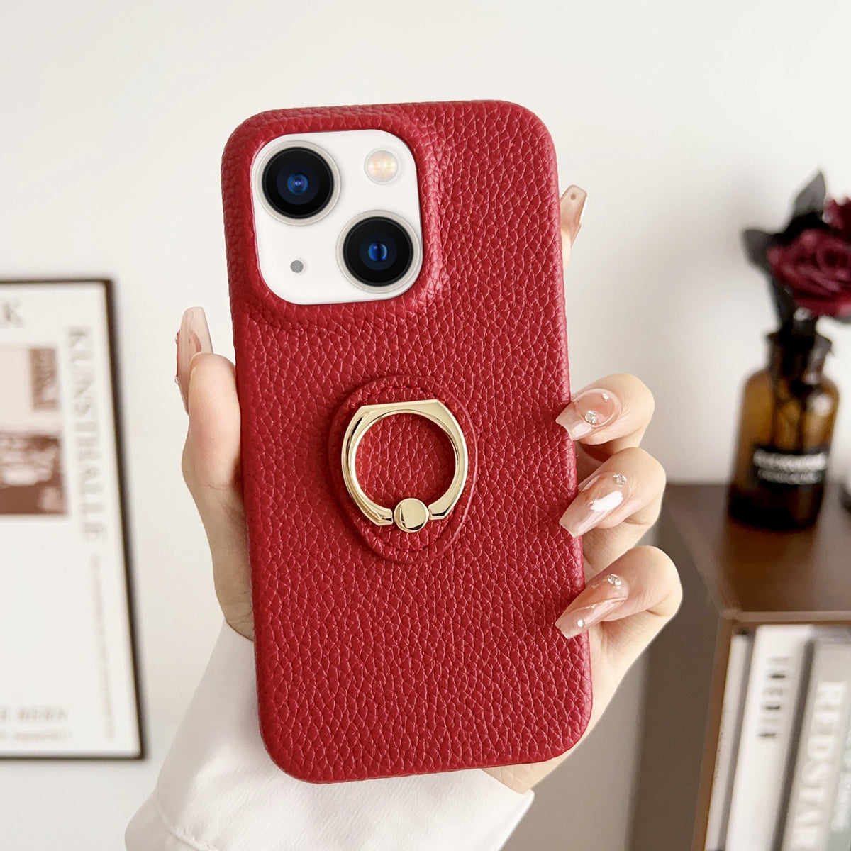 ELECTROPRIME For iPhone 15 Plus Litchi Texture Ring Holder Shockproof Phone Case(Red)