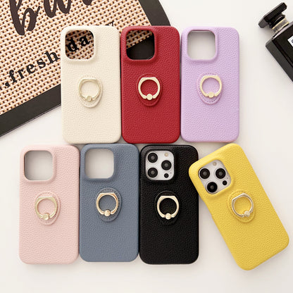 ELECTROPRIME For iPhone 15 Plus Litchi Texture Ring Holder Shockproof Phone Case(Red)