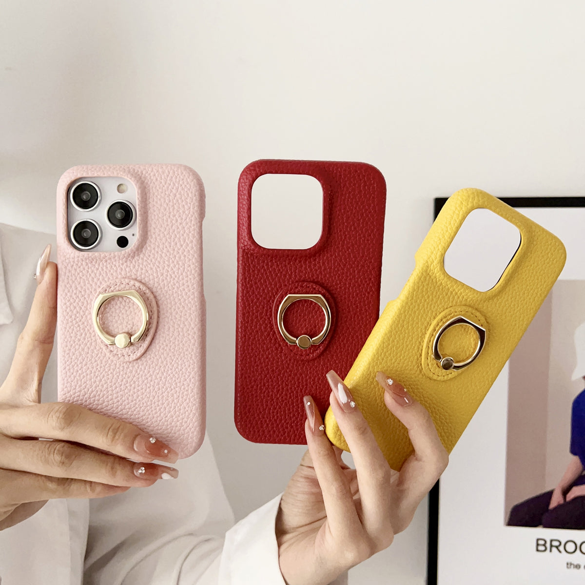 ELECTROPRIME For iPhone 15 Plus Litchi Texture Ring Holder Shockproof Phone Case(Red)