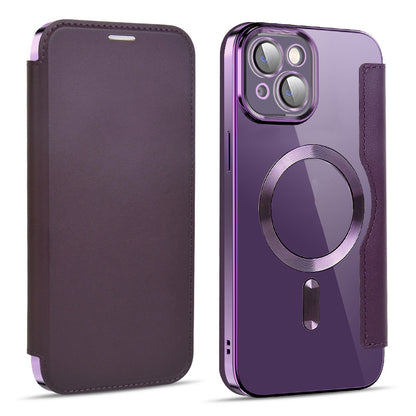 ELECTROPRIME For iPhone 15 Plus Shield MagSafe RFID Anti-theft Leather Phone Case(Purple)