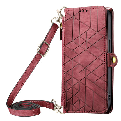 ELECTROPRIME For iPhone 15 Geometric Zipper Wallet Side Buckle Leather Phone Case with Crossbody Lanyard(Red)