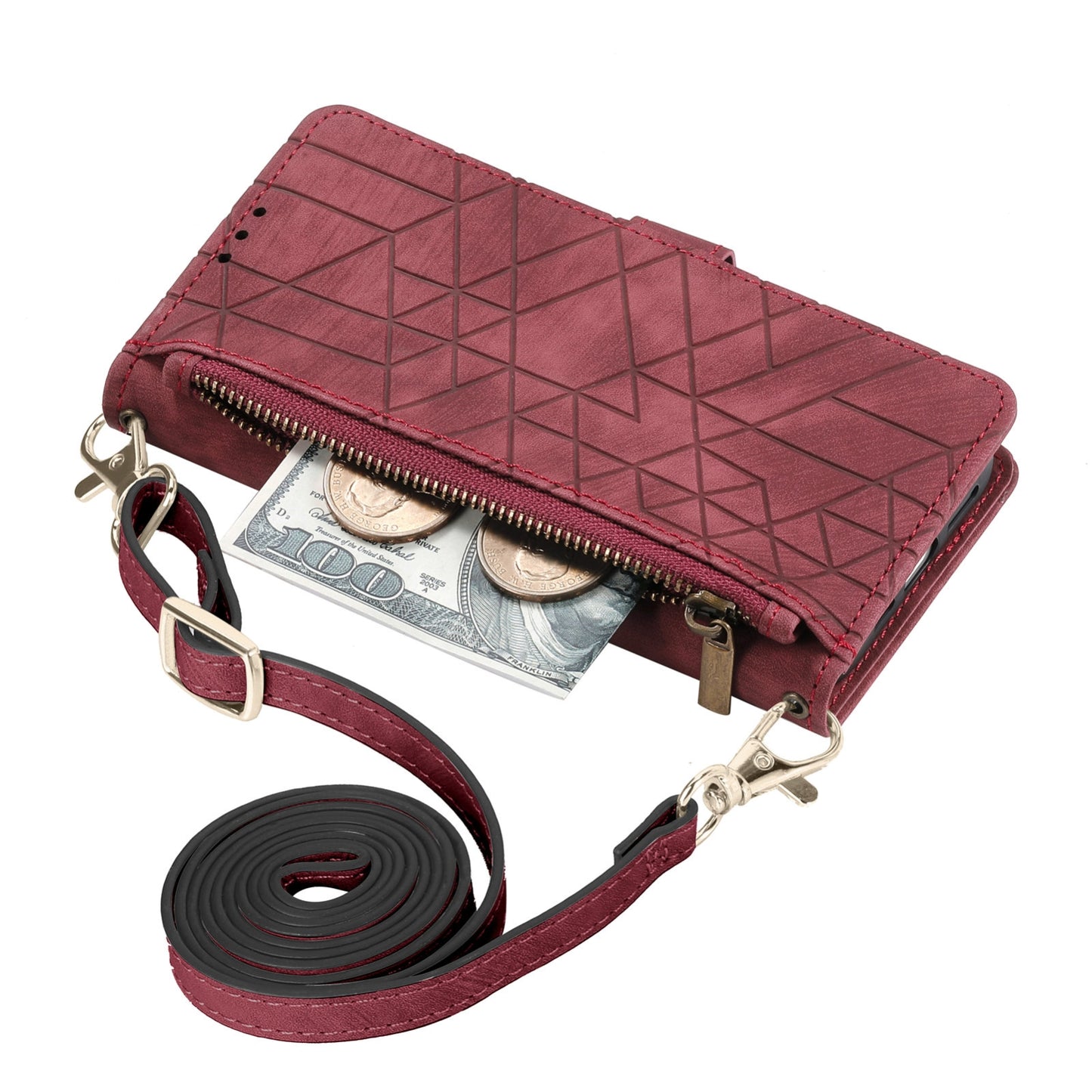 ELECTROPRIME For iPhone 15 Geometric Zipper Wallet Side Buckle Leather Phone Case with Crossbody Lanyard(Red)