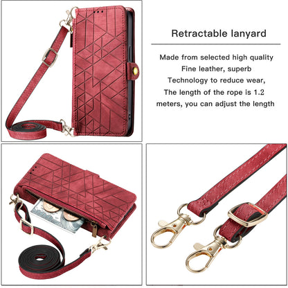 ELECTROPRIME For iPhone 15 Geometric Zipper Wallet Side Buckle Leather Phone Case with Crossbody Lanyard(Red)
