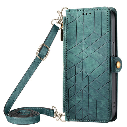 ELECTROPRIME For iPhone 15 Geometric Zipper Wallet Side Buckle Leather Phone Case with Crossbody Lanyard(Green)