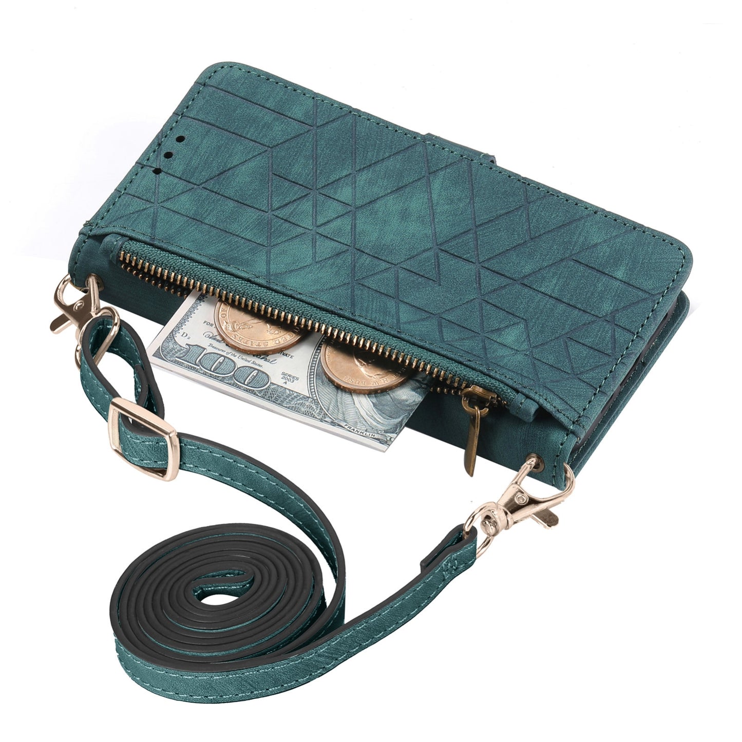 ELECTROPRIME For iPhone 15 Geometric Zipper Wallet Side Buckle Leather Phone Case with Crossbody Lanyard(Green)