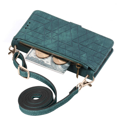 ELECTROPRIME For iPhone 15 Geometric Zipper Wallet Side Buckle Leather Phone Case with Crossbody Lanyard(Green)