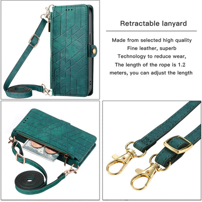 ELECTROPRIME For iPhone 15 Geometric Zipper Wallet Side Buckle Leather Phone Case with Crossbody Lanyard(Green)