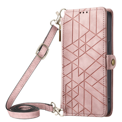 ELECTROPRIME For iPhone 15 Geometric Zipper Wallet Side Buckle Leather Phone Case with Crossbody Lanyard(Pink)