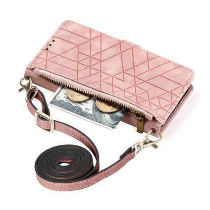 ELECTROPRIME For iPhone 15 Geometric Zipper Wallet Side Buckle Leather Phone Case with Crossbody Lanyard(Pink)