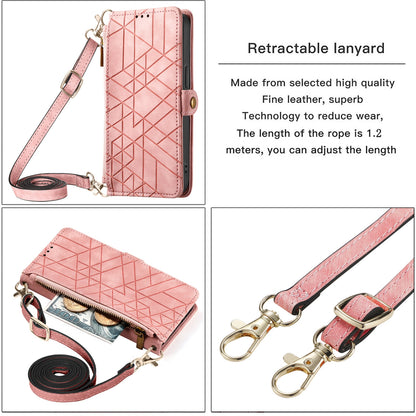 ELECTROPRIME For iPhone 15 Geometric Zipper Wallet Side Buckle Leather Phone Case with Crossbody Lanyard(Pink)