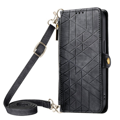 ELECTROPRIME For iPhone 15 Geometric Zipper Wallet Side Buckle Leather Phone Case with Crossbody Lanyard(Black)