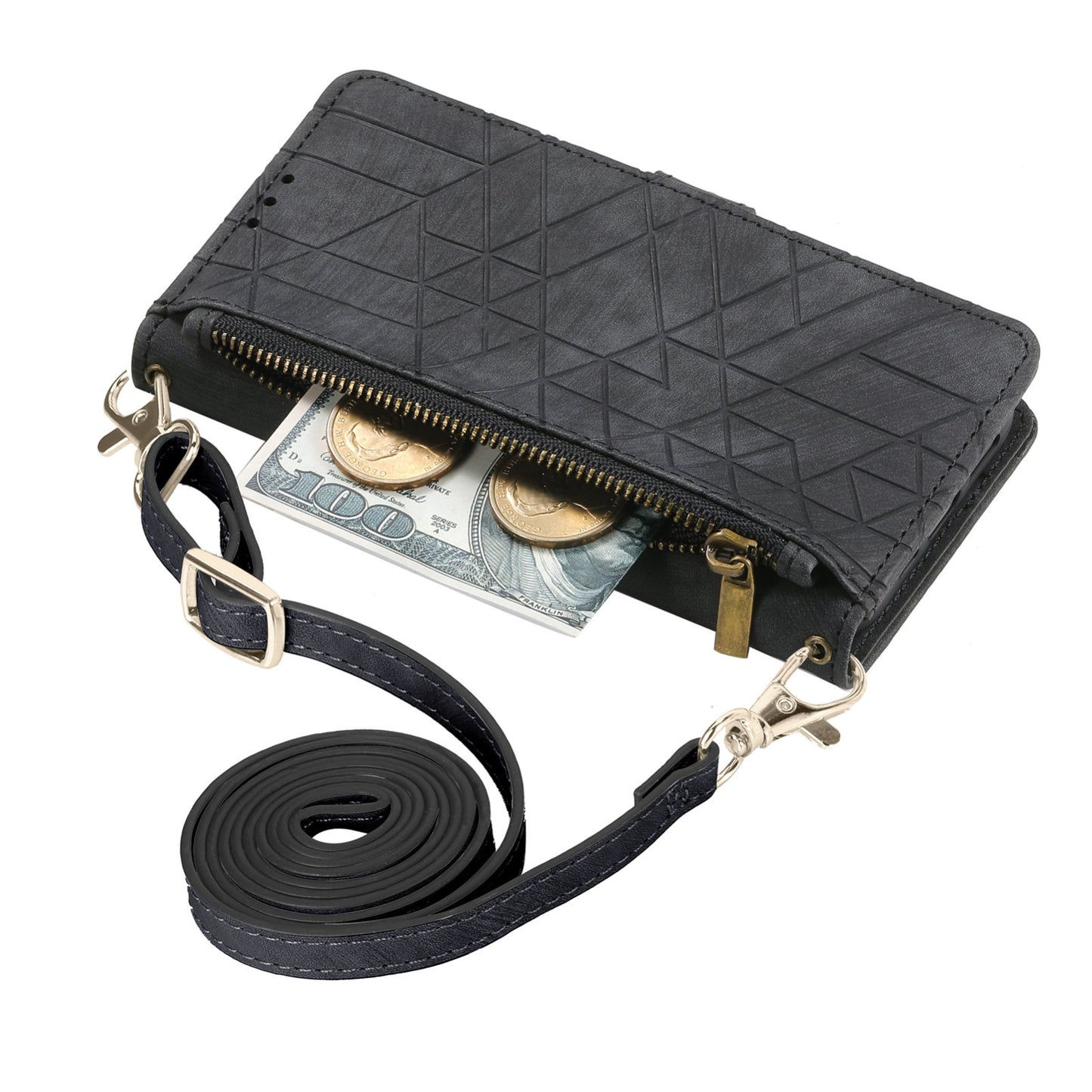 ELECTROPRIME For iPhone 15 Geometric Zipper Wallet Side Buckle Leather Phone Case with Crossbody Lanyard(Black)