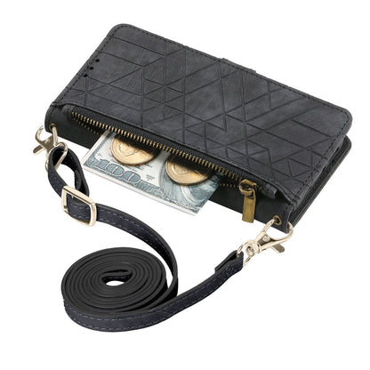 ELECTROPRIME For iPhone 15 Geometric Zipper Wallet Side Buckle Leather Phone Case with Crossbody Lanyard(Black)