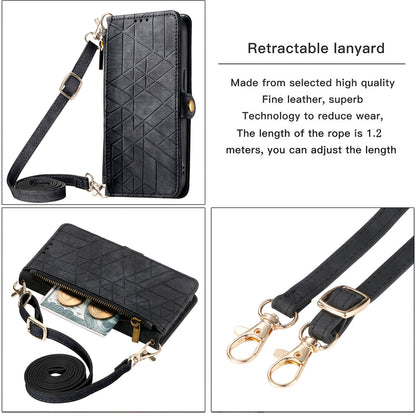 ELECTROPRIME For iPhone 15 Geometric Zipper Wallet Side Buckle Leather Phone Case with Crossbody Lanyard(Black)