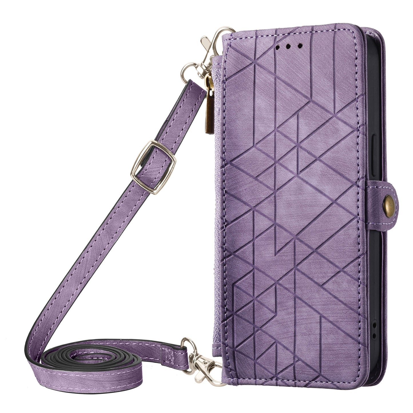 ELECTROPRIME For iPhone 15 Geometric Zipper Wallet Side Buckle Leather Phone Case with Crossbody Lanyard(Purple)