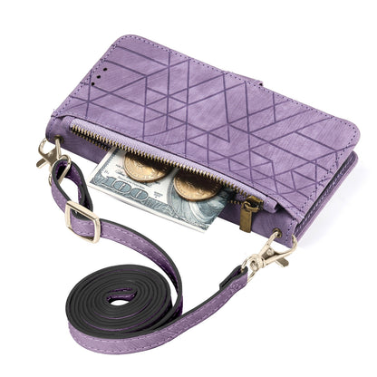 ELECTROPRIME For iPhone 15 Geometric Zipper Wallet Side Buckle Leather Phone Case with Crossbody Lanyard(Purple)