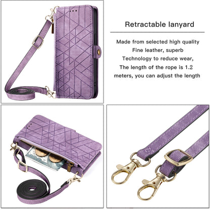ELECTROPRIME For iPhone 15 Geometric Zipper Wallet Side Buckle Leather Phone Case with Crossbody Lanyard(Purple)