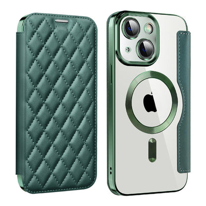 ELECTROPRIME For iPhone 15 Plus Shield Magsafe RFID Anti-theft Rhombus Leather Phone Case(Green)