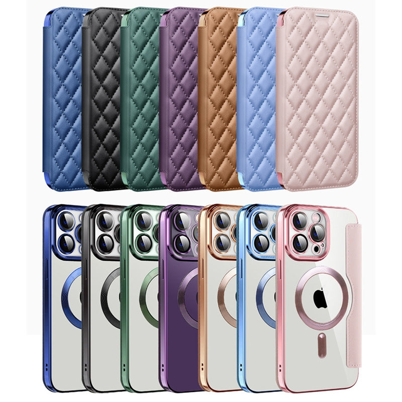 ELECTROPRIME For iPhone 15 Plus Shield Magsafe RFID Anti-theft Rhombus Leather Phone Case(Green)