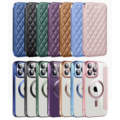 ELECTROPRIME For iPhone 15 Plus Shield Magsafe RFID Anti-theft Rhombus Leather Phone Case(Green)