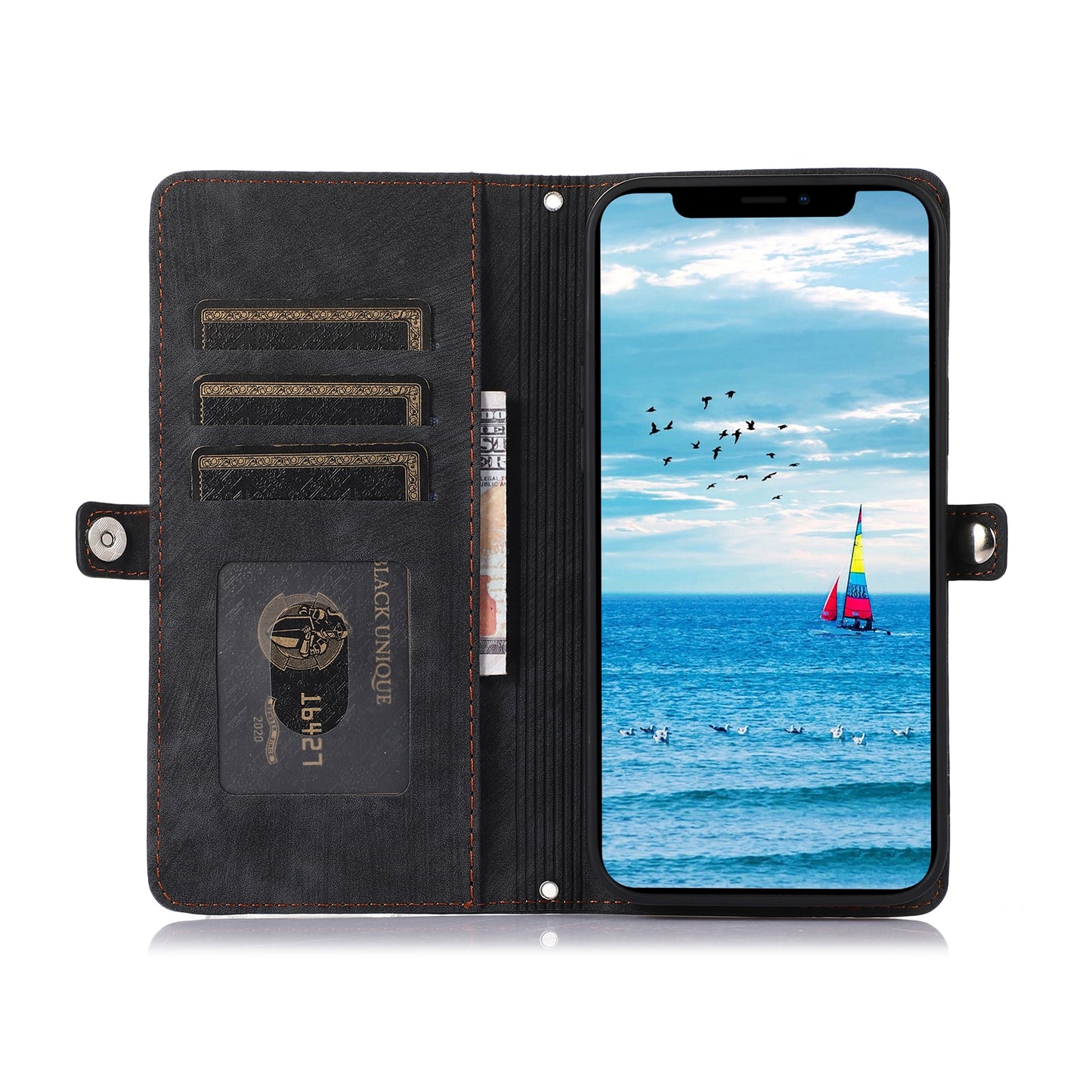 ELECTROPRIME For iPhone 15 Zipper Card Slot Buckle Wallet Leather Phone Case(Black)