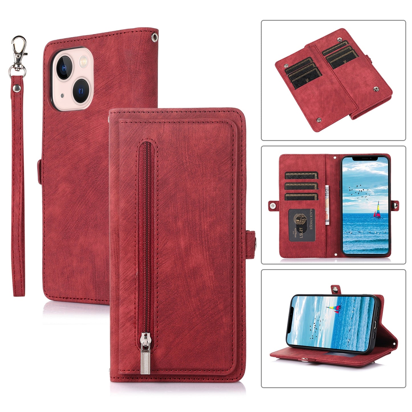 ELECTROPRIME For iPhone 15 Zipper Card Slot Buckle Wallet Leather Phone Case(Red)