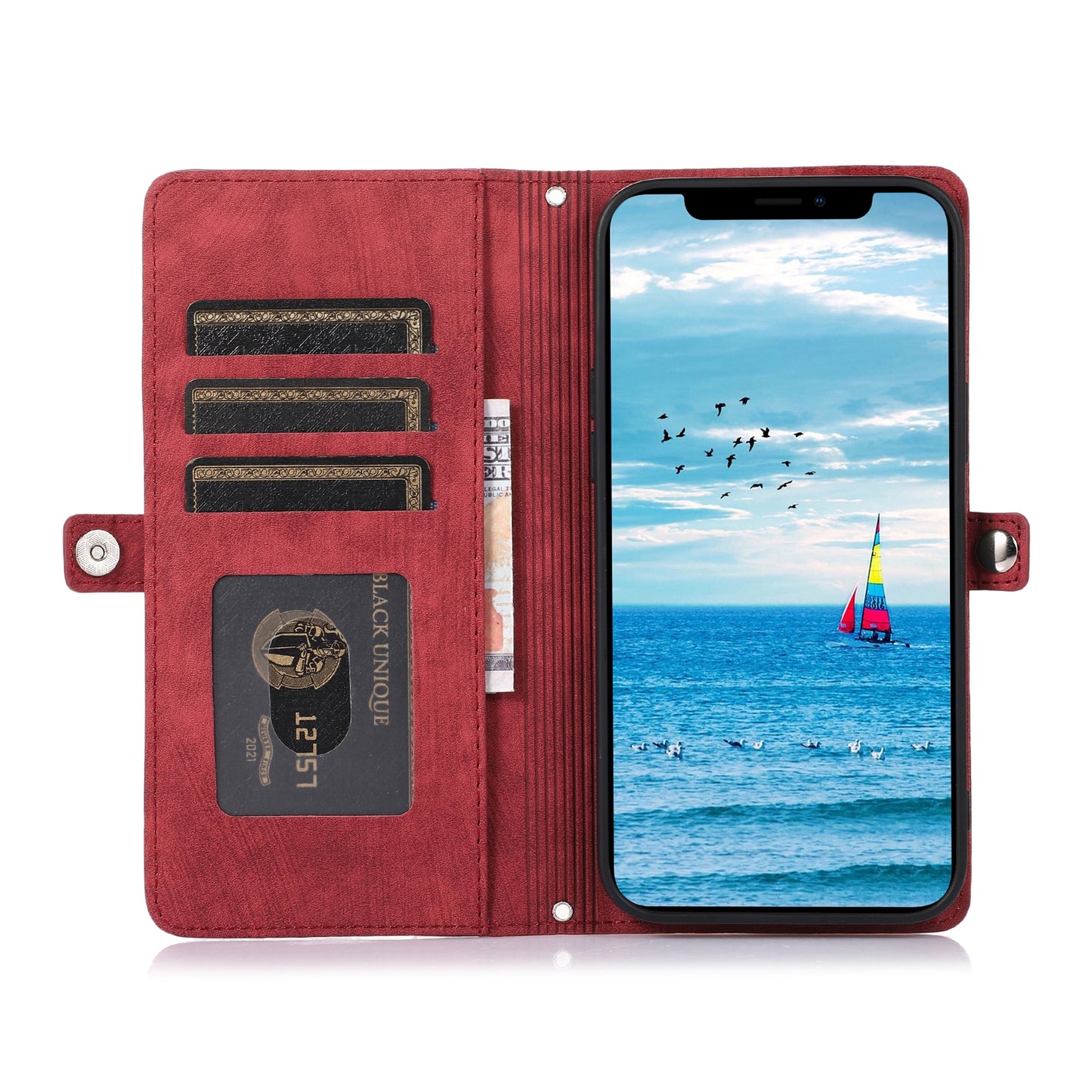 ELECTROPRIME For iPhone 15 Zipper Card Slot Buckle Wallet Leather Phone Case(Red)