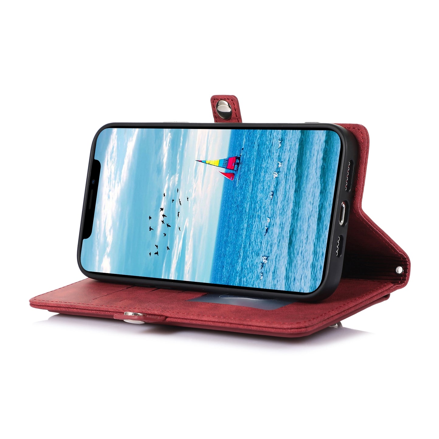 ELECTROPRIME For iPhone 15 Zipper Card Slot Buckle Wallet Leather Phone Case(Red)