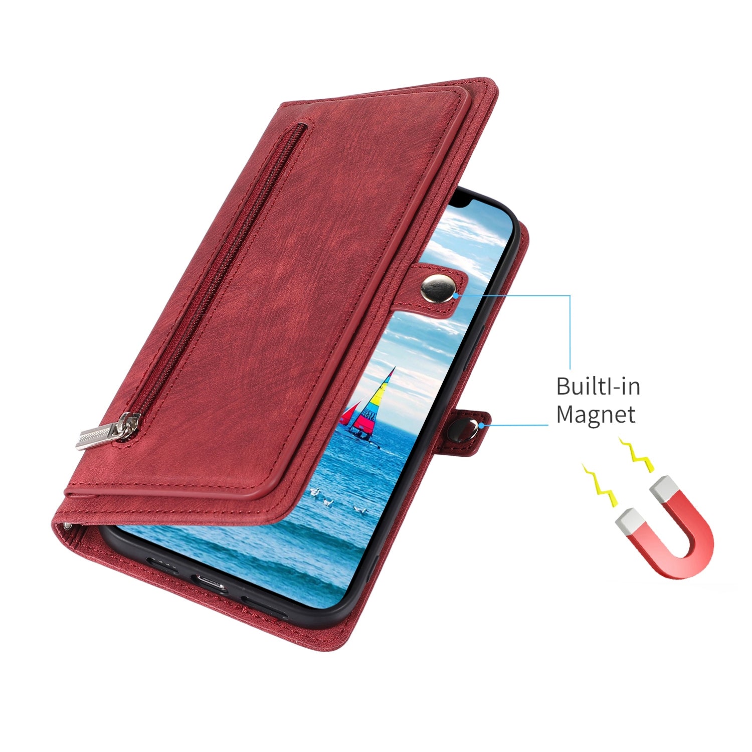 ELECTROPRIME For iPhone 15 Zipper Card Slot Buckle Wallet Leather Phone Case(Red)