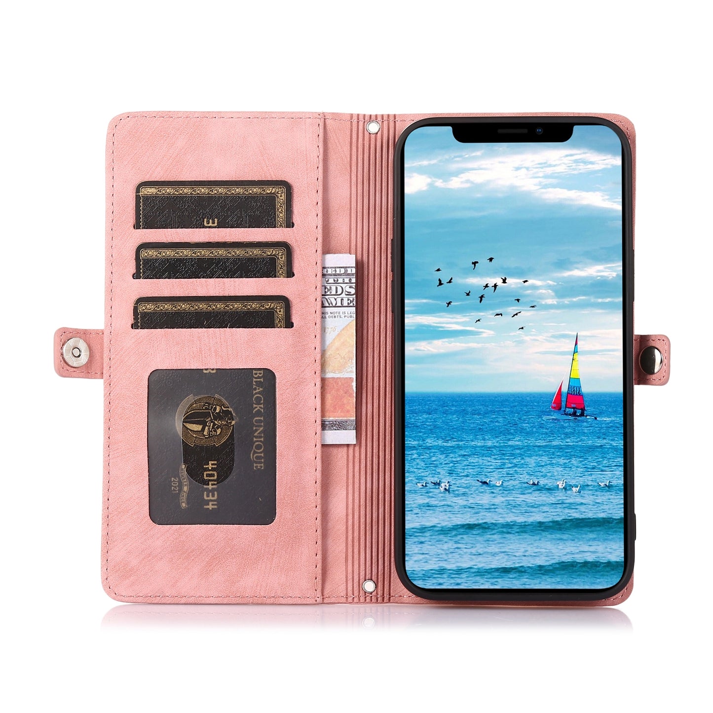 ELECTROPRIME For iPhone 15 Zipper Card Slot Buckle Wallet Leather Phone Case(Pink)