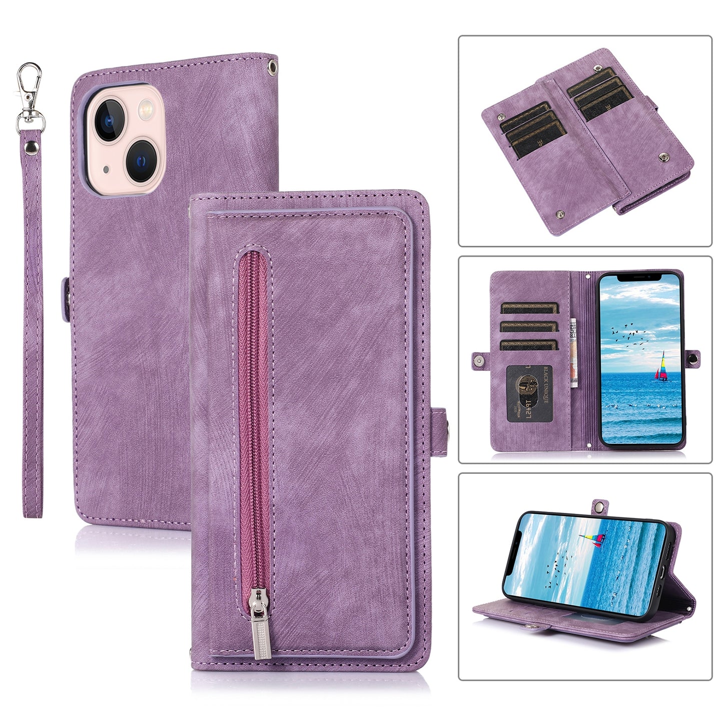 ELECTROPRIME For iPhone 15 Zipper Card Slot Buckle Wallet Leather Phone Case(Purple)