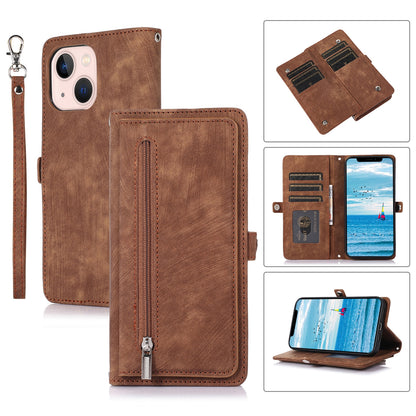 ELECTROPRIME For iPhone 15 Zipper Card Slot Buckle Wallet Leather Phone Case(Brown)