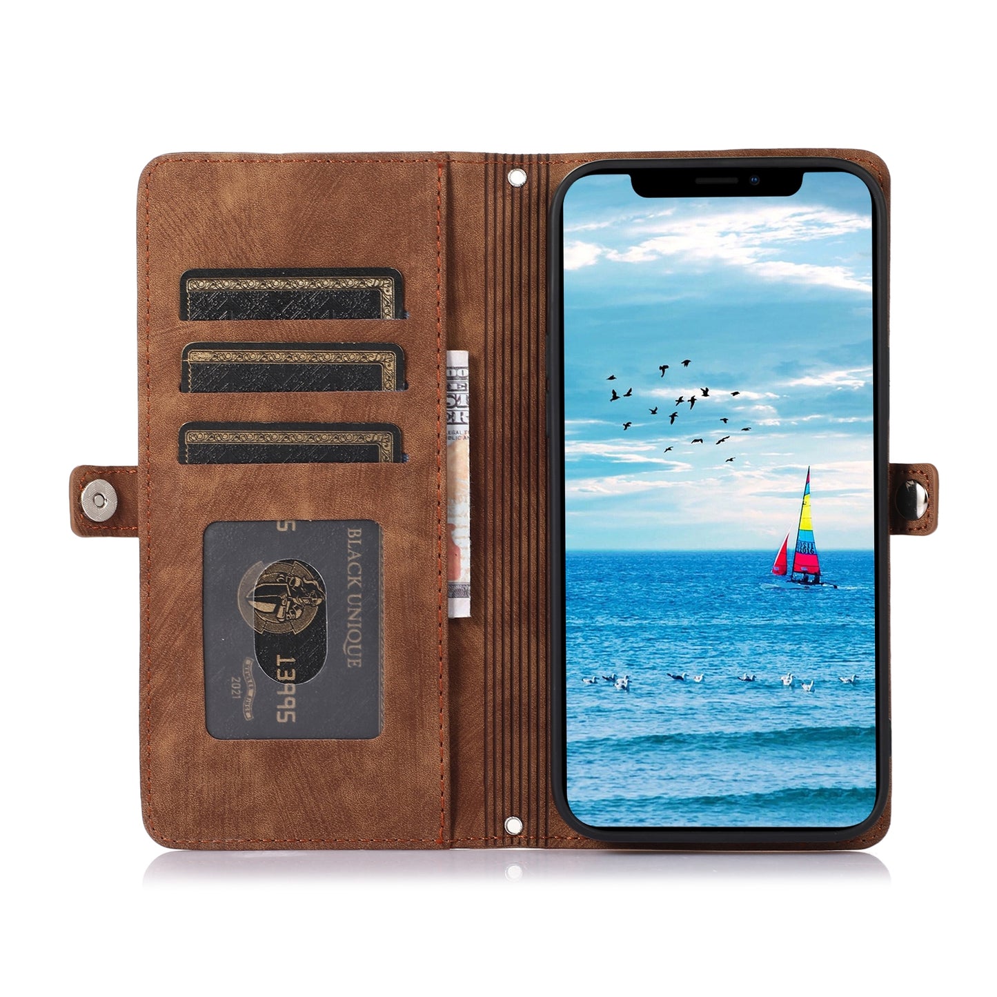 ELECTROPRIME For iPhone 15 Zipper Card Slot Buckle Wallet Leather Phone Case(Brown)