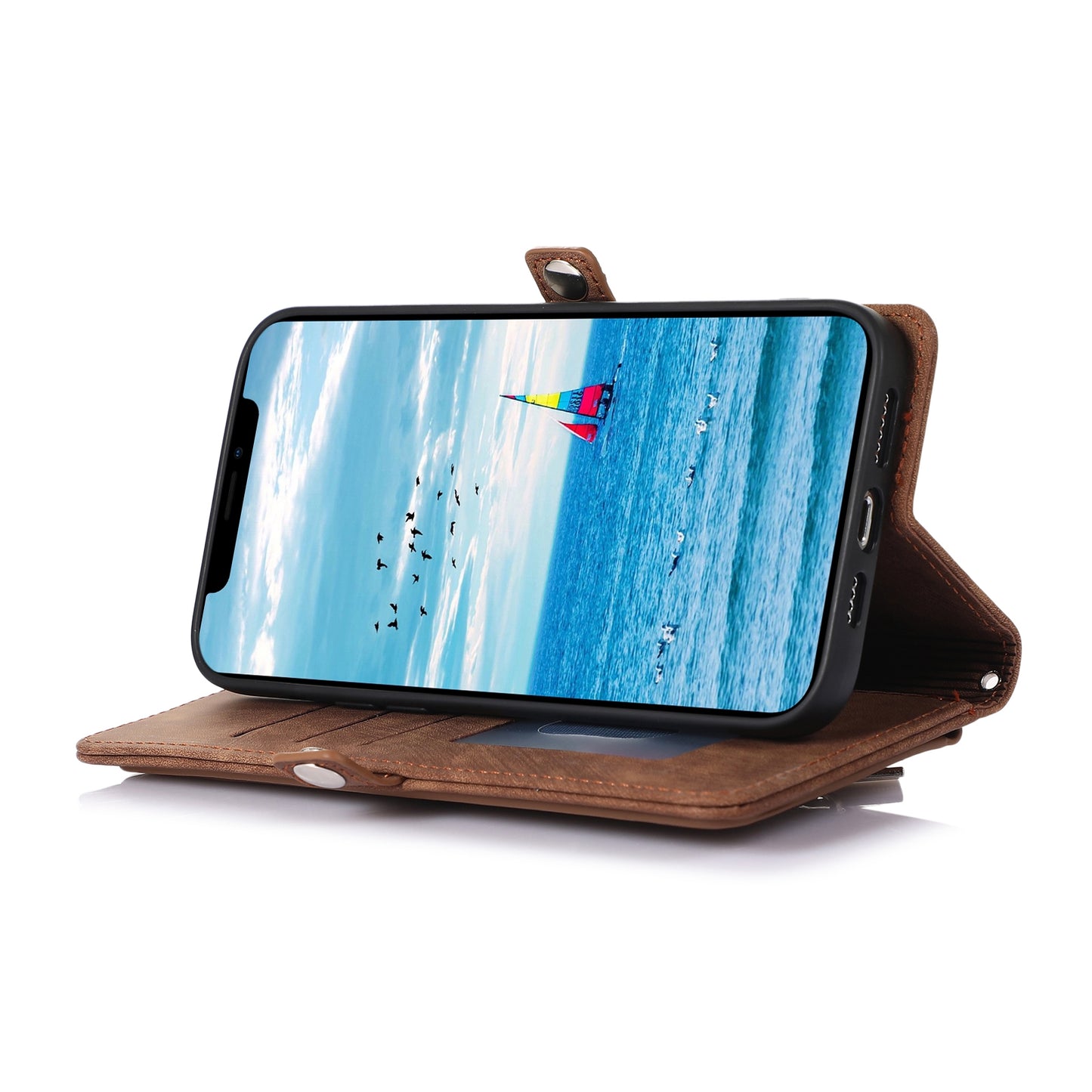ELECTROPRIME For iPhone 15 Zipper Card Slot Buckle Wallet Leather Phone Case(Brown)