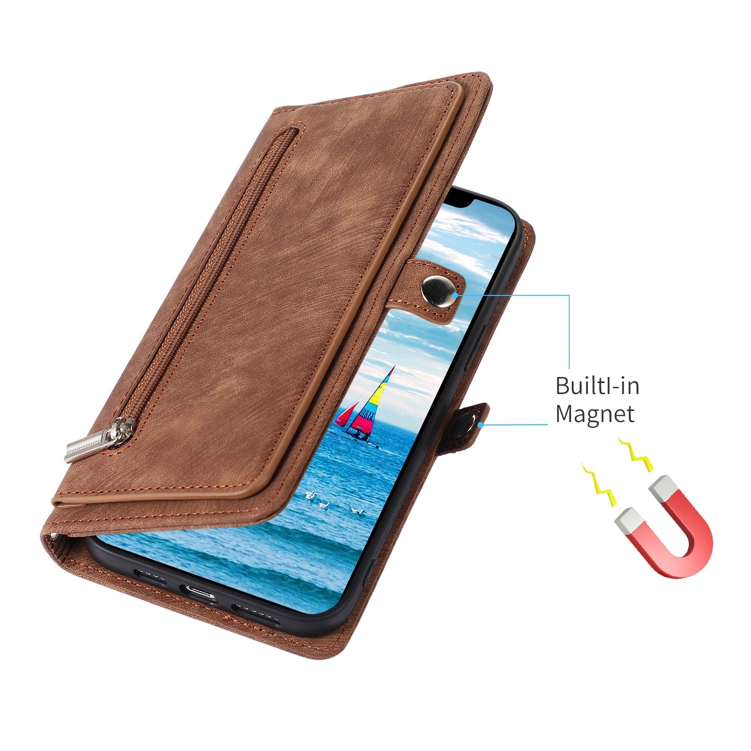 ELECTROPRIME For iPhone 15 Zipper Card Slot Buckle Wallet Leather Phone Case(Brown)